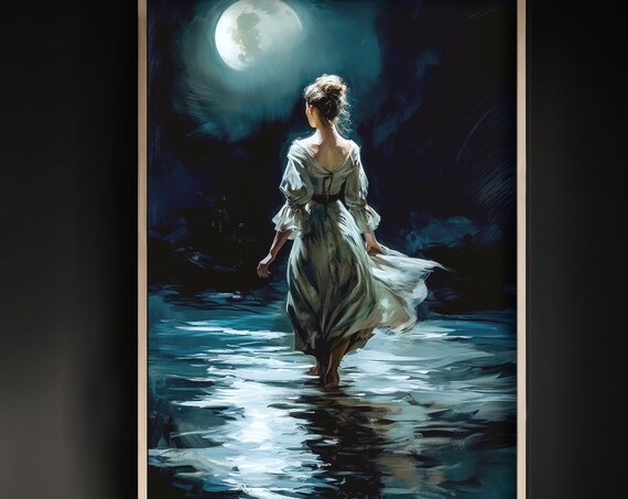 Victorian Woman in a White Gown Walking Through Moonlit Water Poster