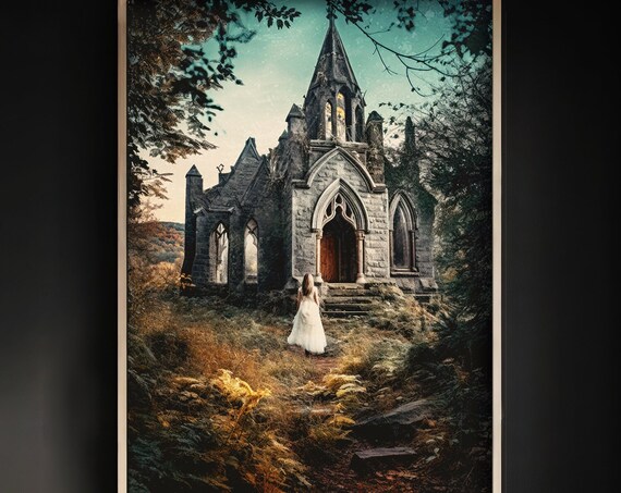 Gothic Stone Chapel Beside a Forest With Woman in White Poster