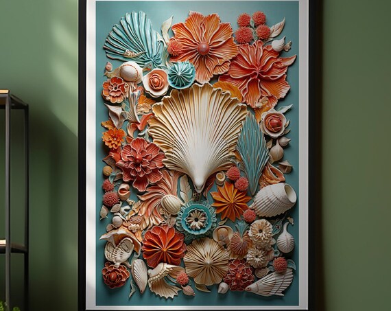 Tropical Seashell Mosaic 3D Relief Coral Teal Coastal Wall Art