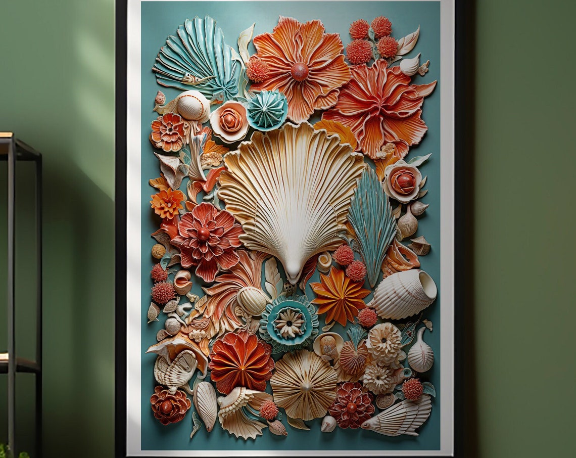 Tropical Seashell Mosaic 3D Relief Coral Teal Coastal Wall Art