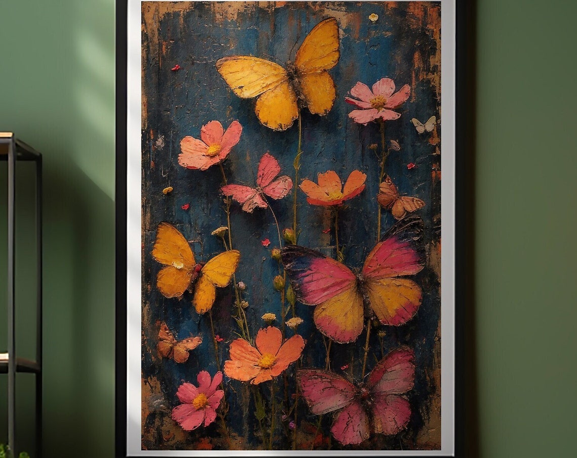 Boho Butterflies and Cosmos Flowers on Textured Navy Wall Art