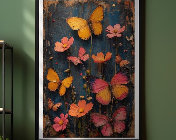 Boho Butterflies and Cosmos Flowers on Textured Navy Wall Art