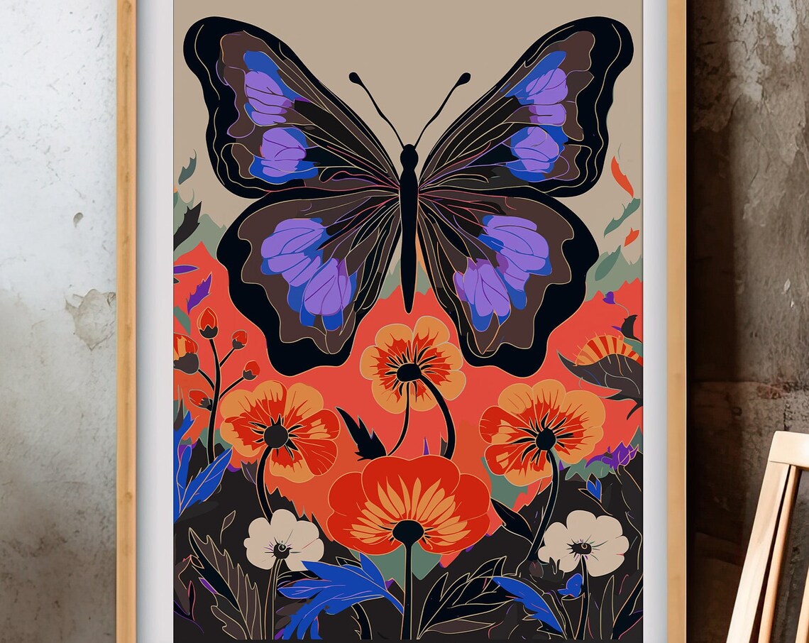 Violet Butterfly Over Coral Blossoms Bold Modern Floral Art Print