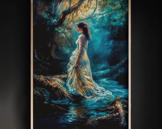 Enchanted Mystical Woman Forest Stream Dark Moody Fantasy Poster