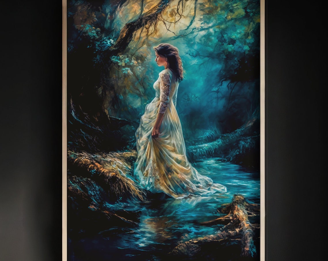 Enchanted Mystical Woman Forest Stream Dark Moody Fantasy Poster