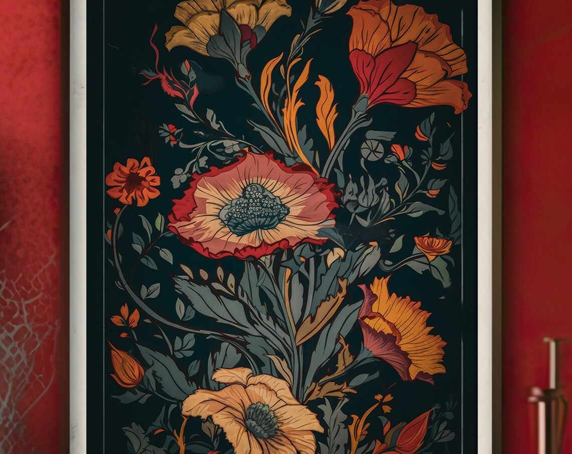 Art Vintage Art Vintage Print Antique Art Floral Wall Art Flower Painting Gold Tone Decor Reading Nook Vintage Poster Elegant