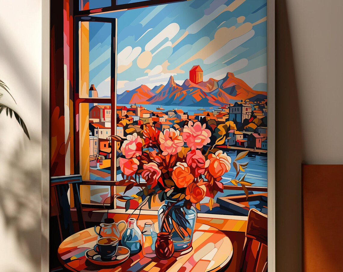 Matisse Style Open Window Flowers Coastal Town View Art Print