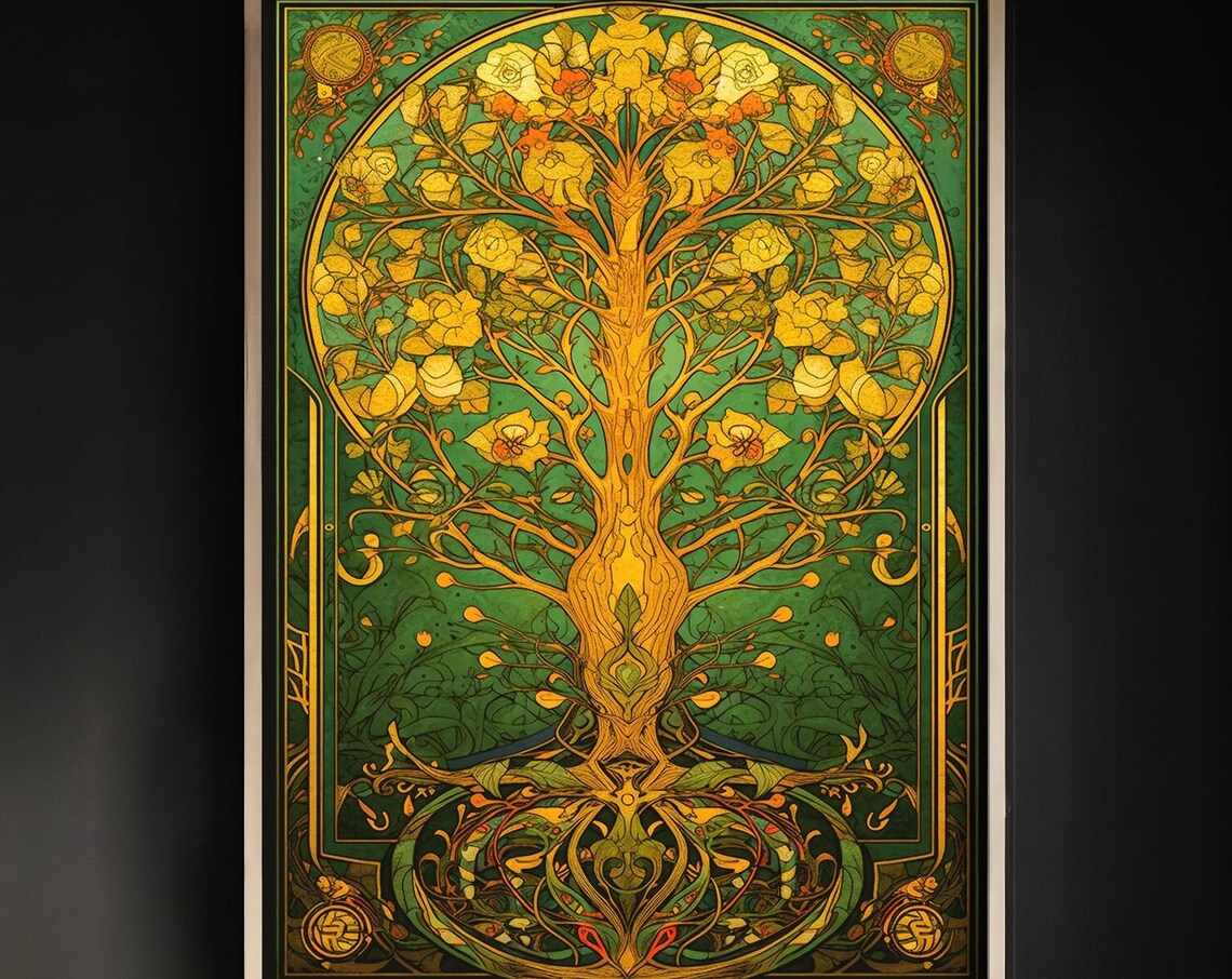 Art Nouveau Tree of Life Golden Floral Vintage Style Poster Art