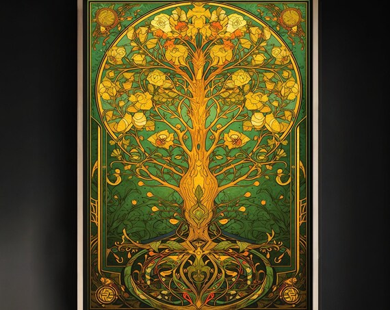 Art Nouveau Tree of Life Golden Floral Vintage Style Poster Art