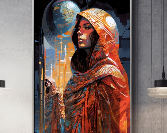 Dune Inspired Hooded Woman in Orange Robes Sci Fi Art Poster