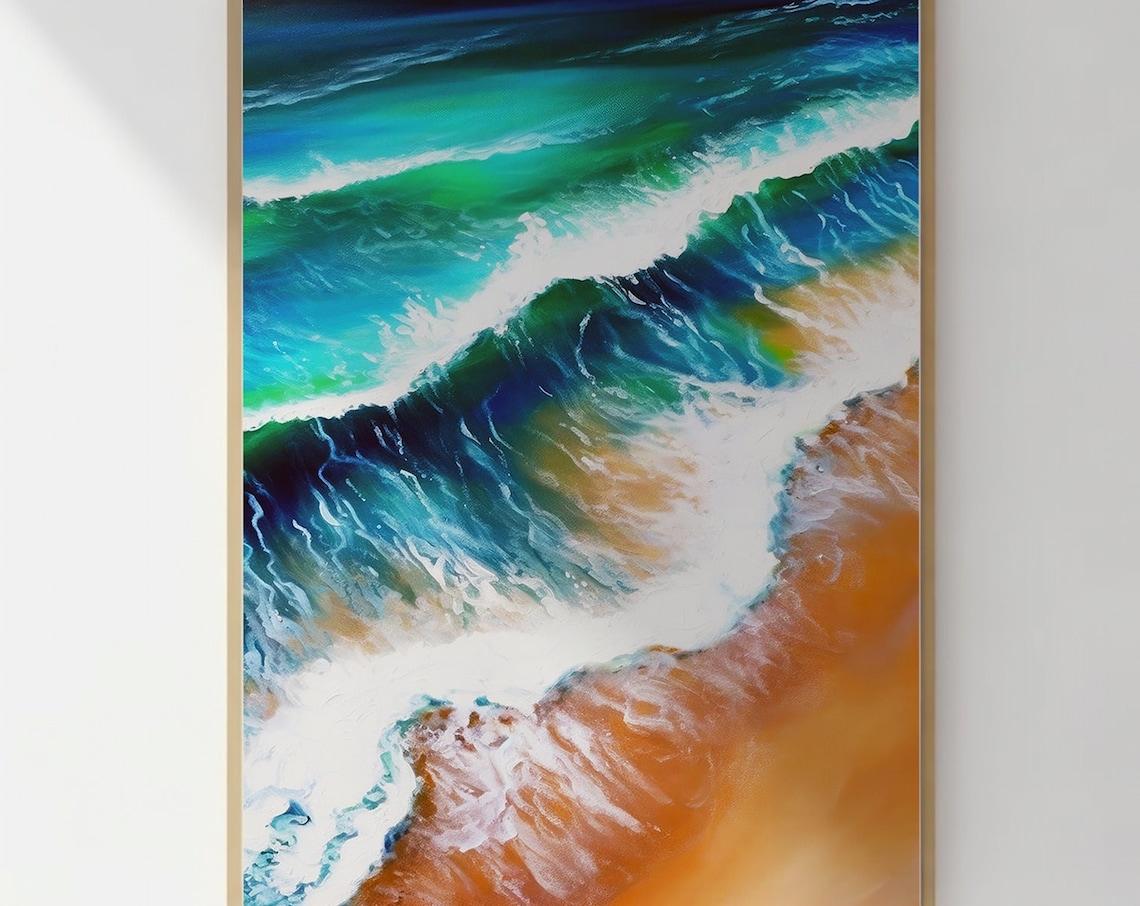 Aerial Turquoise Ocean Waves Crashing on Golden Shore Art Print
