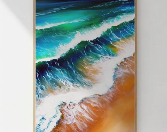 Aerial Ocean Wave Teal Water White Foam Beach Art Painting Poster