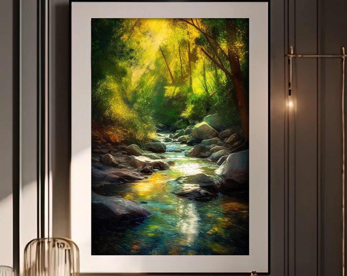 Sunlit Forest Stream in a Foggy Green Woodland Nature Poster