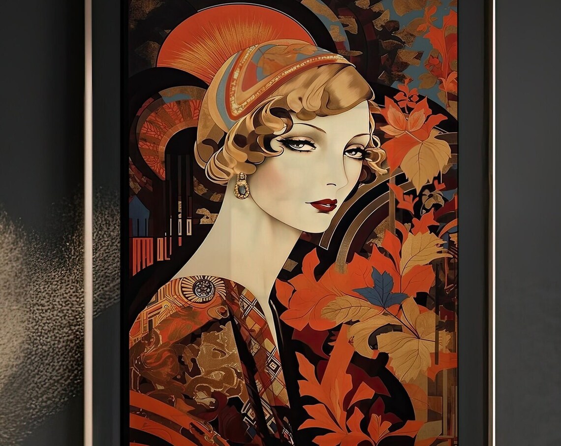 Art Deco Woman With Autumn Leaves in a Classic 1920s Glamour Poster