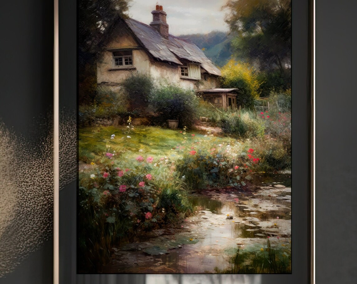 Moody Cottage Garden Pond Wildflowers Dark Cottagecore Painting Poster