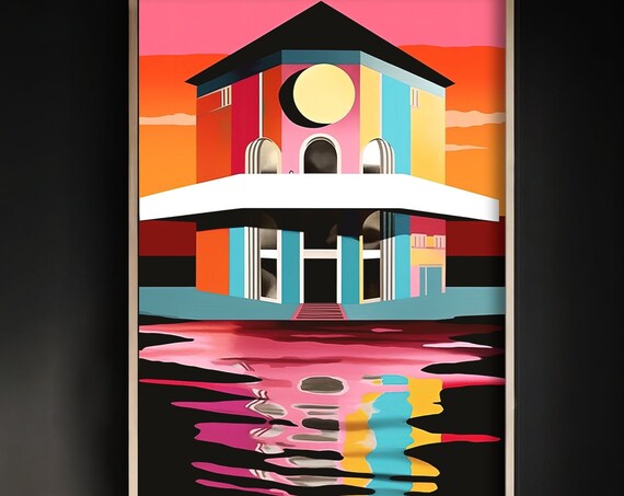 Colorful Geometric Villa by the Water in a Blazing Neon Sunset Poster