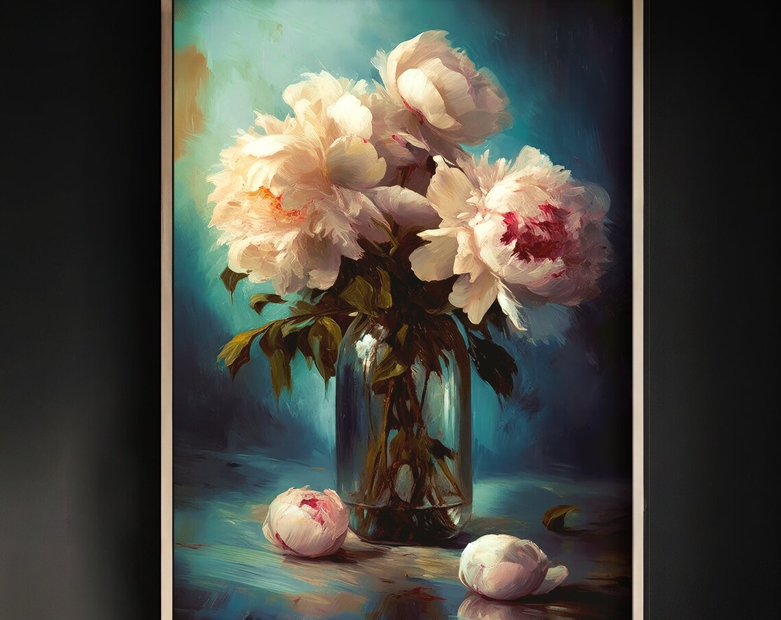White Peonies in a Glass Vase Vintage Botanical Still Life Poster