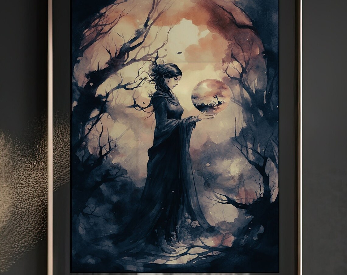 Moonlit Witch Holding a Glowing Magic Orb in a Misty Dark Forest at Night Poster