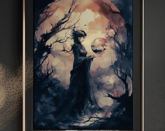 Witch Art Witch Art Prints Witchy Wall Art Pagan Art Witch Moody Artwork Gothic Art Witch In Forest Magic Moon
