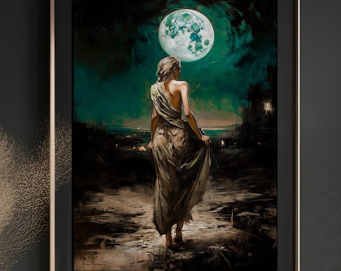 Witch Woman Walking Toward a Glowing Full Moon Dark Fantasy Art Print