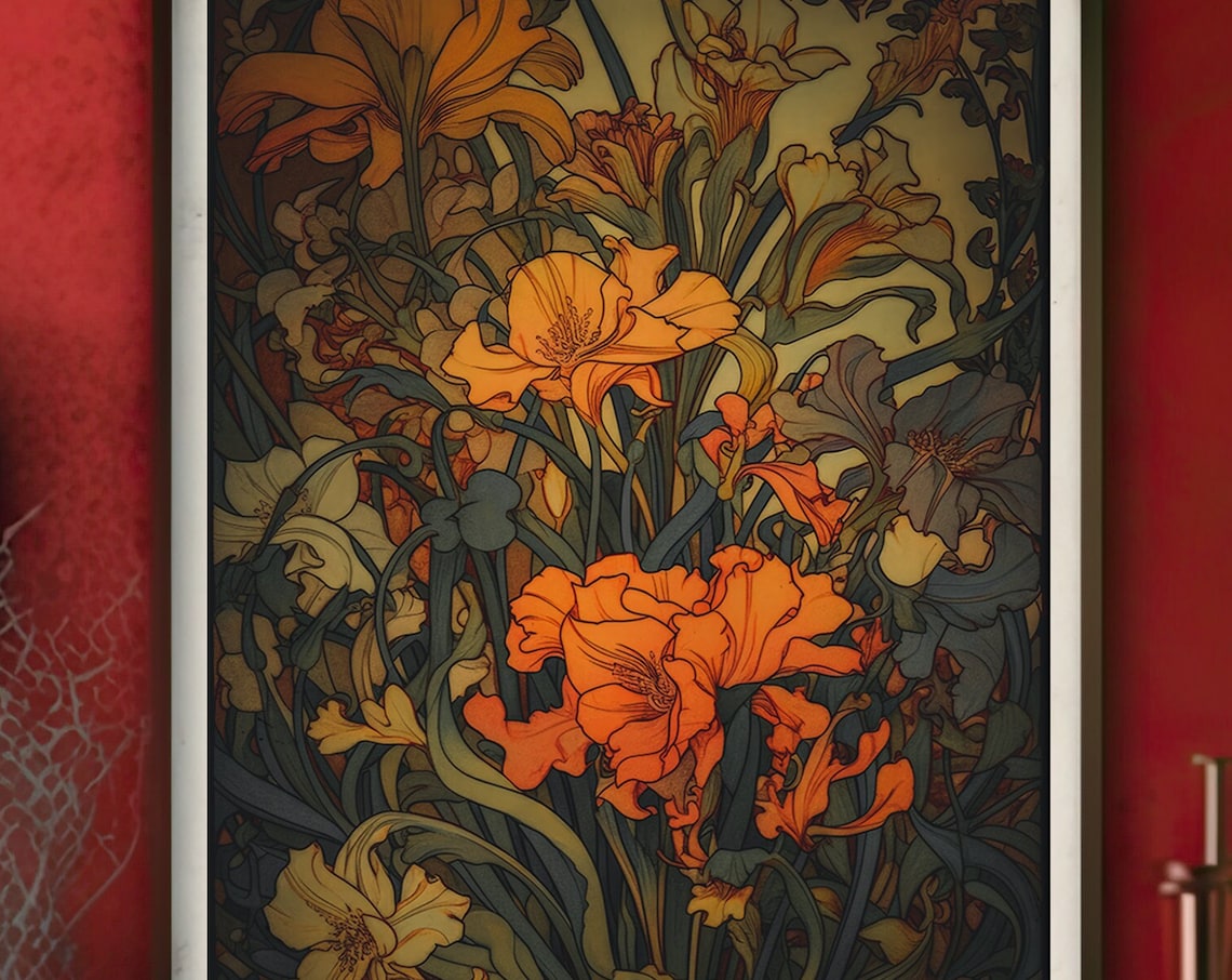 Art Nouveau Glowing Orange Iris Lilies Vintage Botanical Print