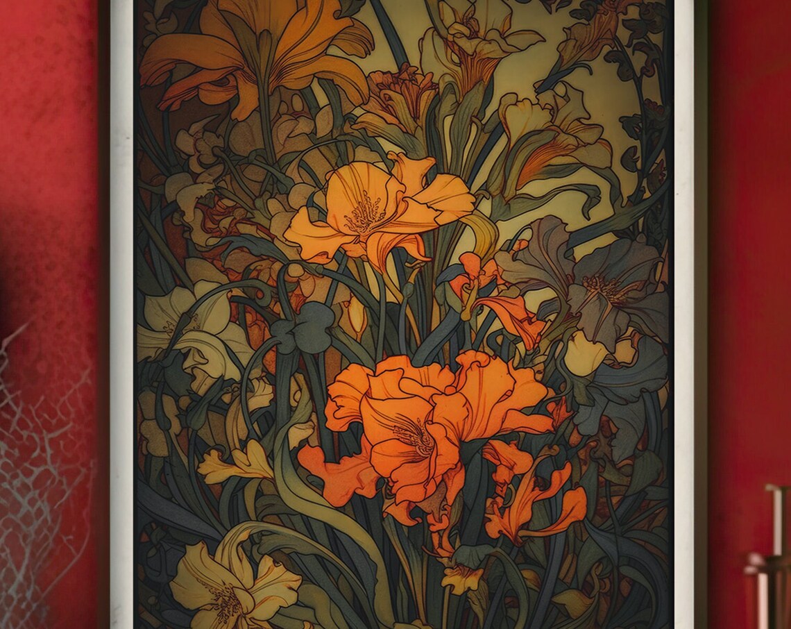 Golden Orange Art Nouveau Florals on Dark Moody Botanical Art Print - Image 3