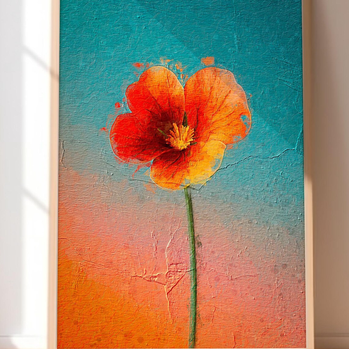 Vibrant Orange Poppy Teal Gradient Minimalist Botanical Art Print