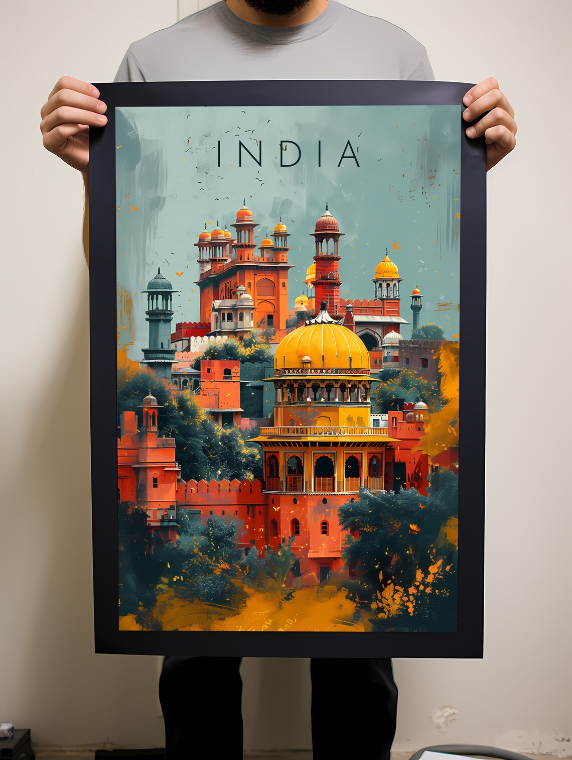 India Golden Royal Palace Domes at Sunset Retro Travel Poster