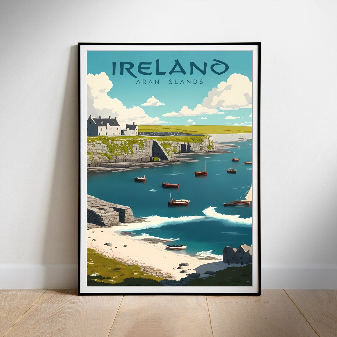 Ireland Aran Islands Fishing Harbor Cliffside Coast Travel Poster