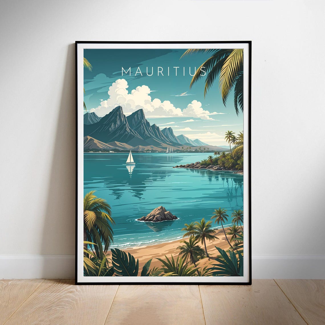 Mauritius Beach Lagoon Sailboat Palm Trees Tropical Island Poster