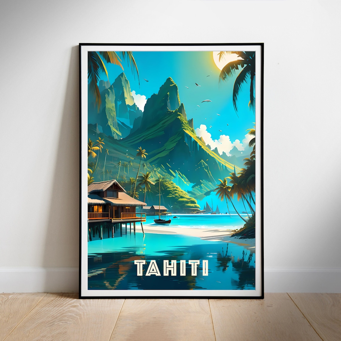 Tahiti Tropical Lagoon Overwater Bungalows Retro Travel Poster
