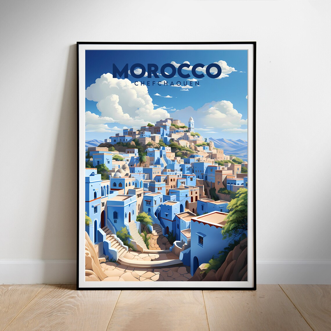 Chefchaouen Morocco Blue City Mountain Hillside Travel Poster