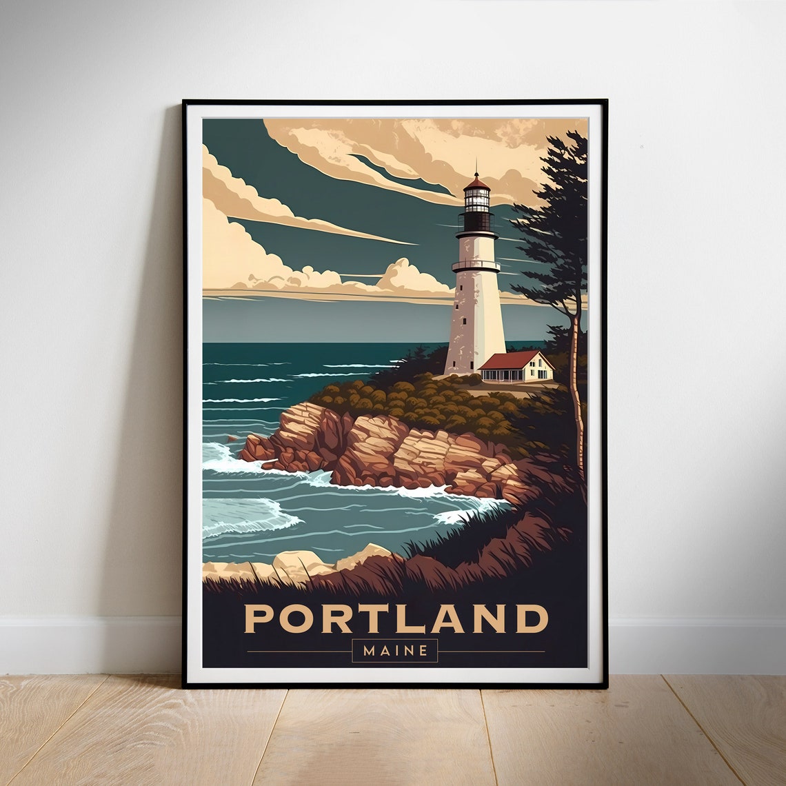 Portland Maine Head Light Lighthouse Rocky Shore Travel Poster