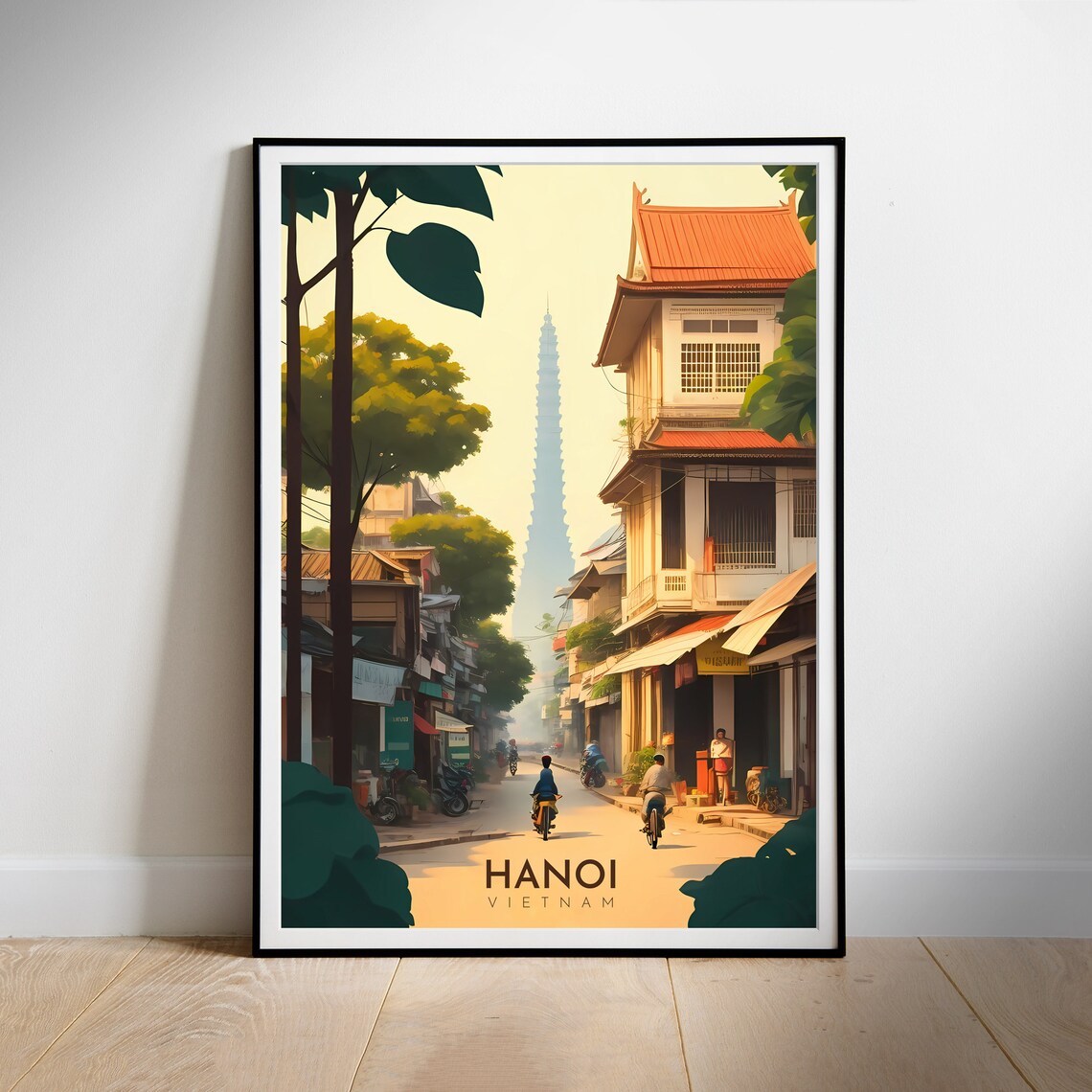 Hanoi Vietnam Old Town Street Scooters Pagoda Retro Travel Art Poster