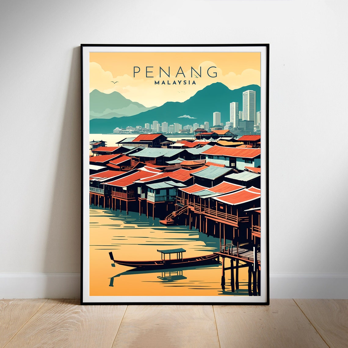 Penang Malaysia Stilt Houses Waterfront Retro Asia Travel Poster
