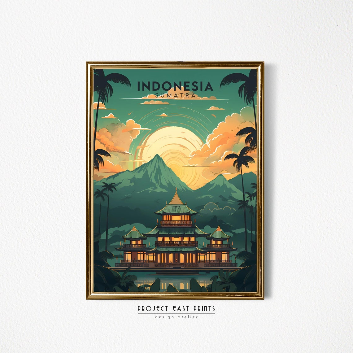 Sumatra Indonesia Volcano Temple Palms Sunset Retro Travel Poster - Image 2