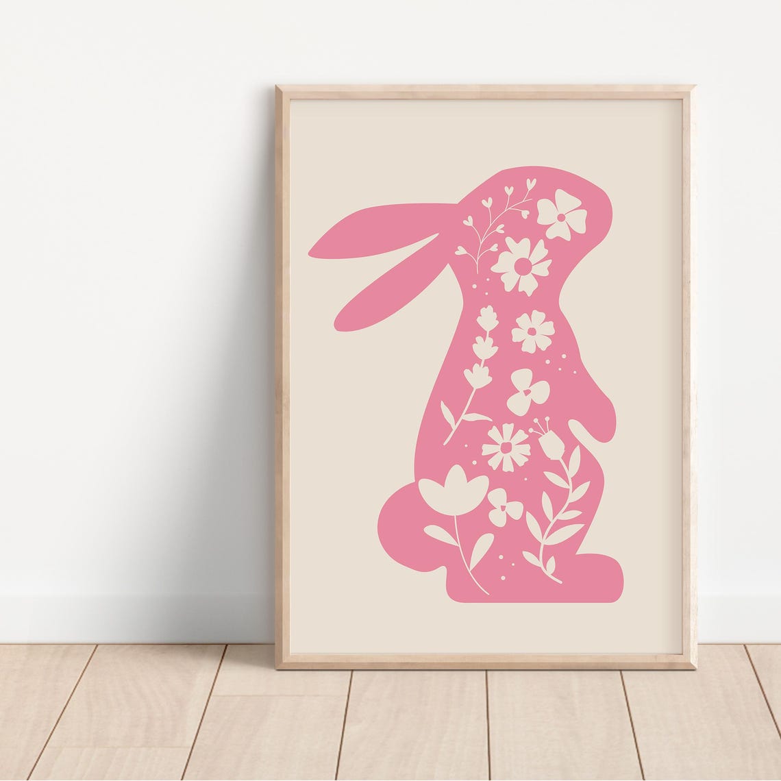 Pink Bunny Floral Silhouette Easter Nursery Kids Room Art Poster