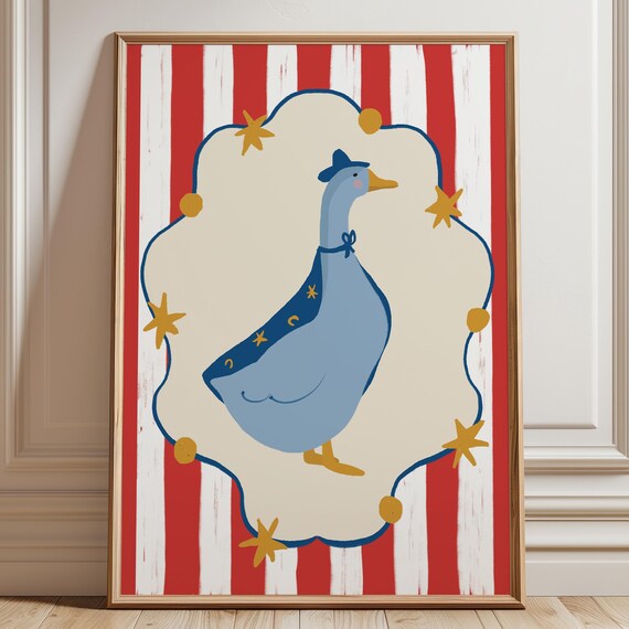 Silly Goose Wall Art Cute Poster Magician Magic Nursery Red White Stripe Boy Room