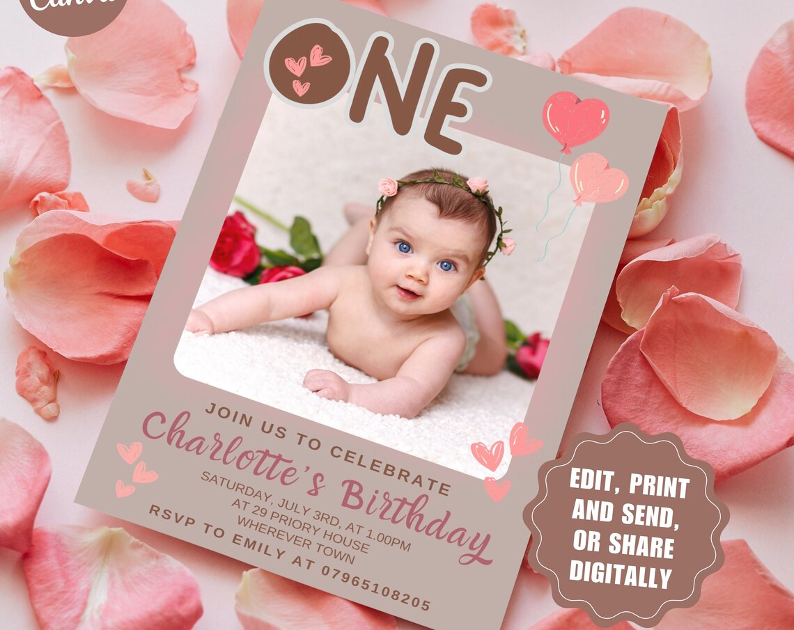 Baby Girl One First Birthday Photo Invitation Editable Poster