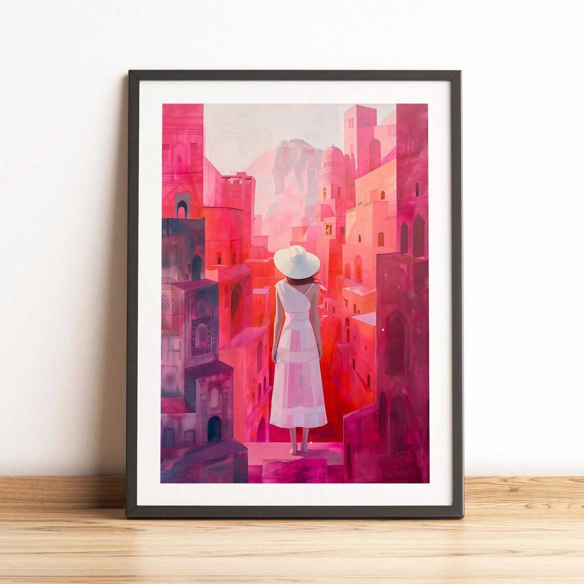 Woman In White Dress Walking Through A Rose Pink Old Town Poster