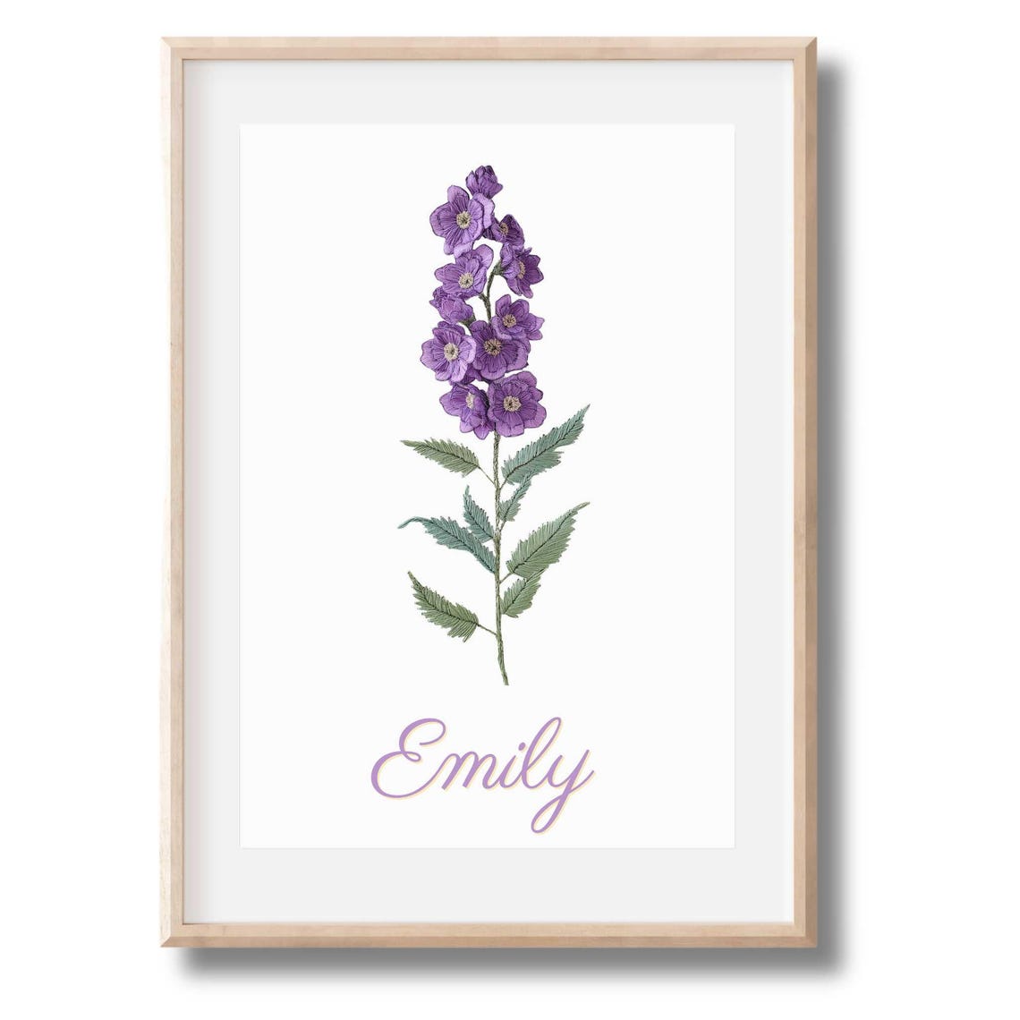 Personalized Emily Name Purple Delphinium Watercolor Flower Poster