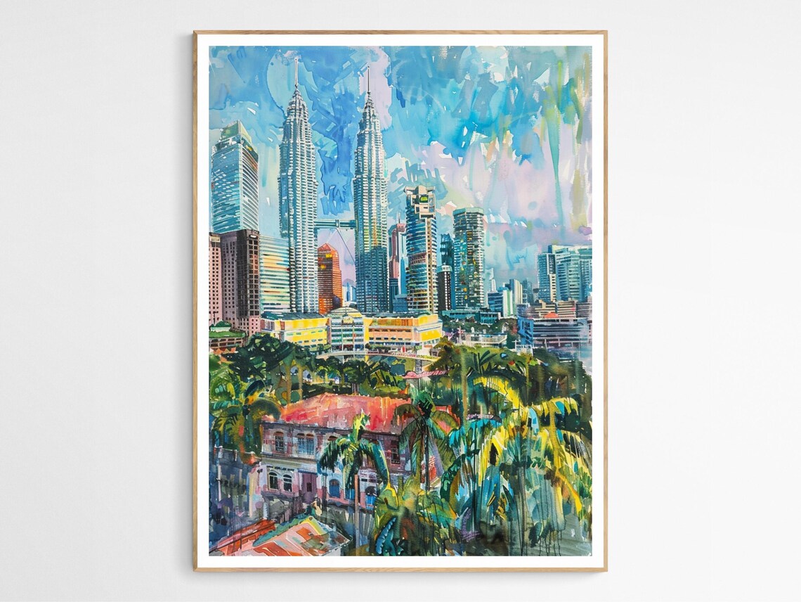 Kuala Lumpur Petronas Towers Colorful Watercolor Skyline Poster