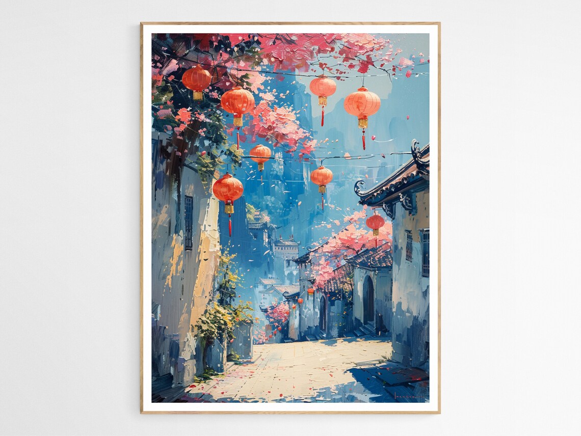 Vietnam Lantern Street Blue Blossoms Festival Cultural Art Print