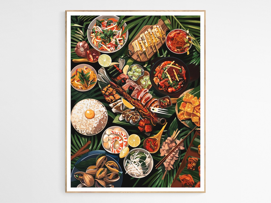 Filipino Boodle Fight Feast Art Print, Kitchen Decor