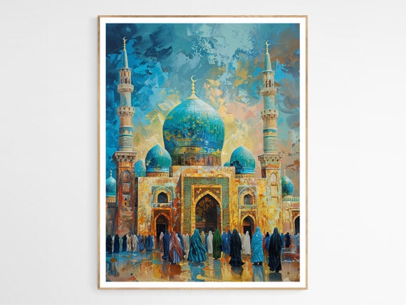 Muslims Gathering Islamic Art Print Vibrant Old Architecture Wall Decor Mosque Arabic Painting Eid Gift Ideal Living Room