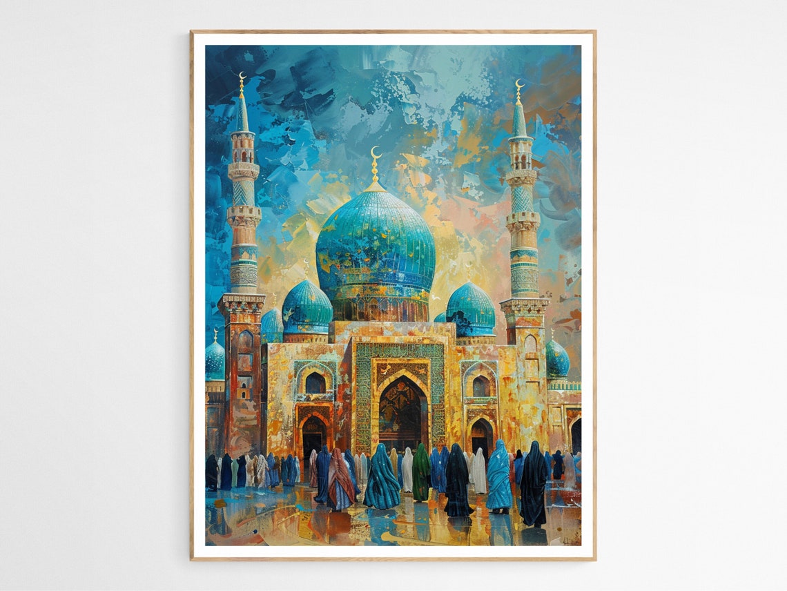 Blue Tiled Mosque With Worshippers Gathering Islamic Art Poster