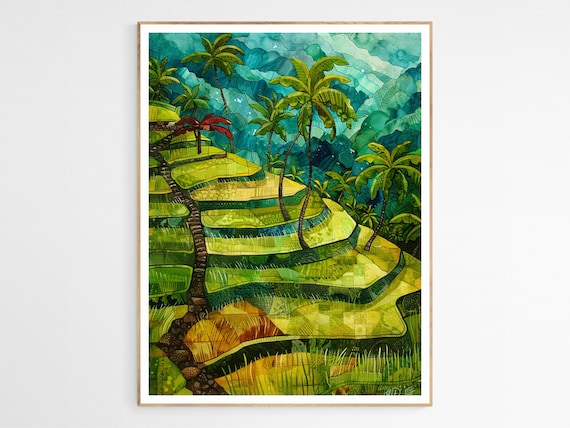Emerald Rice Terraces Palm Trees Tropical Watercolor Painting Poster