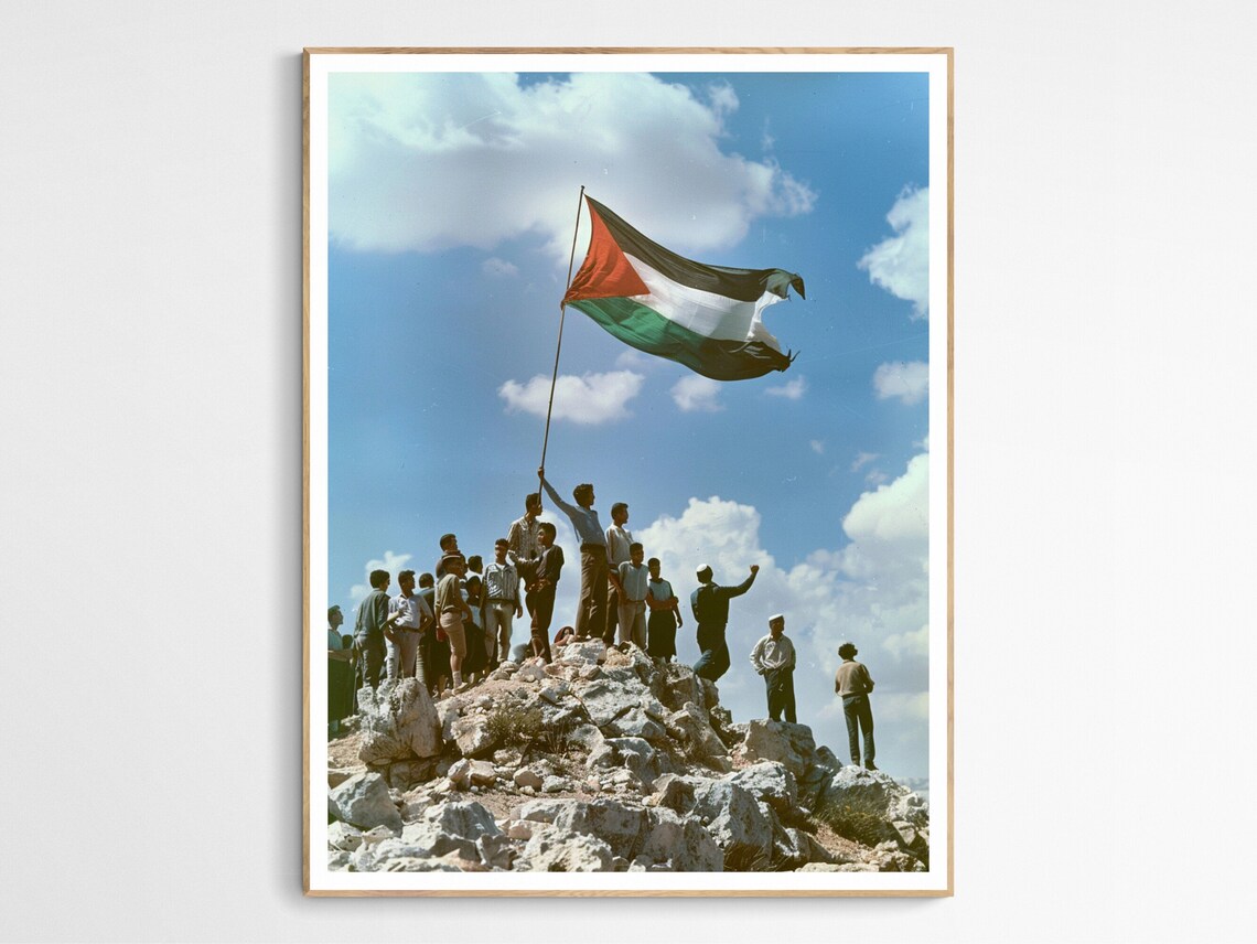 Raising the Palestinian Flag Hilltop Vintage Freedom Art Poster