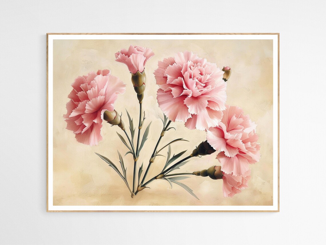 Pretty In Pink Vintage Carnation Botanical Flower Painting Poster