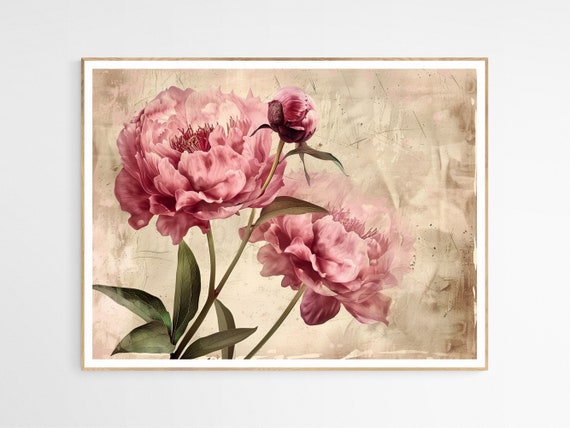 Vintage Pink Peonies Art Print Flower Home Decor Botanical Wall Office Mothers Day Gift
